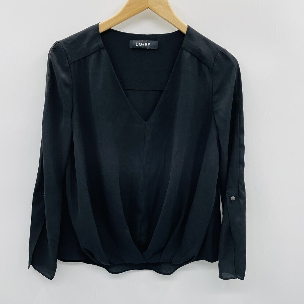 DO + BE Womens Size Small Split Sleeve V Neck Popover Blouse in Black 2234